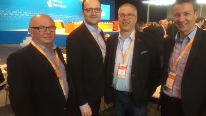 Ludwig Poggel, Jens Spahn, Hans-Georg Bette und Matthias Kerkhoff beim Landesparteitag in Münster am 1. April 2017